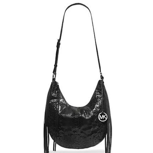 Michael Kors Medium Rhea Crystal Black Slouchy Shoulder Patent Python Black Bag - Picture 2 of 7